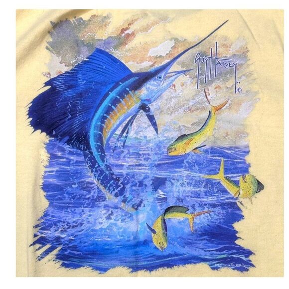Guy Harvey M Yellow Short Sleeve Graphic Tee W/ Marlin Mahi Mahi Fish Scene - Picture 1 of 6